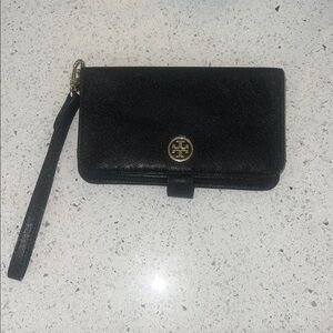 Tory Burch Black Leather Wristlet Clutch with Gold Logo